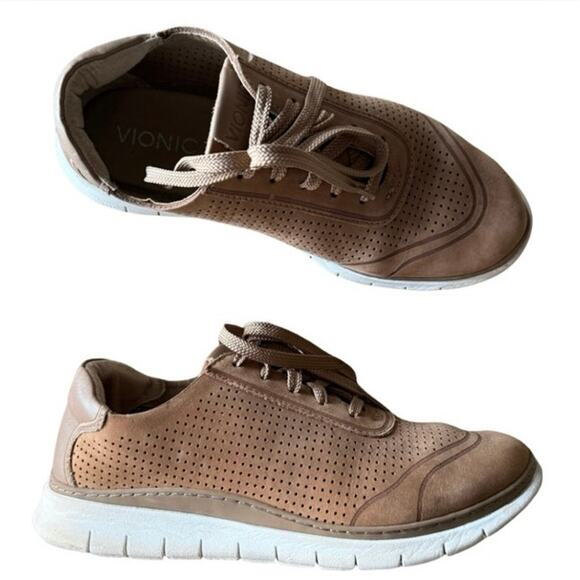 VIONIC tan walking shoe sneaker flat comfy non skid perforated women’s size 8 - Picture 1 of 7
